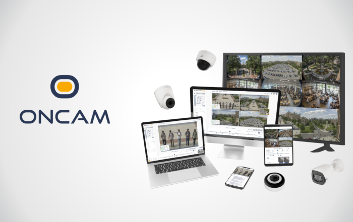 ONCAM security and video management system, featuring multiple surveillance cameras and the software interface displayed on a laptop, desktop monitor, tablet, and smartphone.