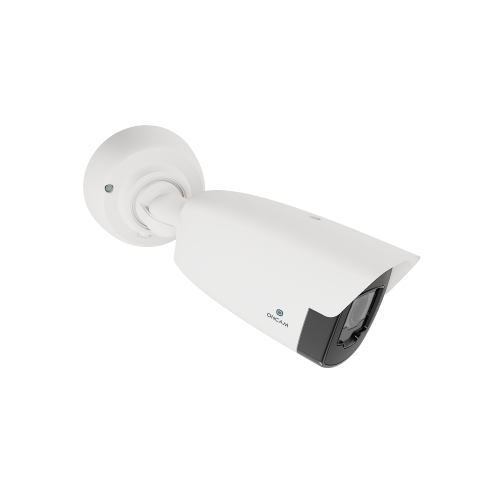A sleek, weather-resistant Oncam bullet camera with a bold form factor, clearly signaling active surveillance in an outdoor environment.