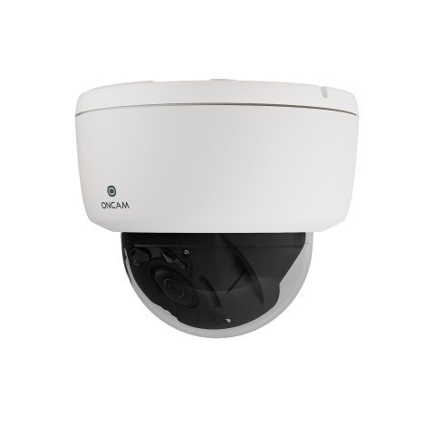 A white Oncam dome camera shown on a black background, highlighting its compact, professional, and discreet design for video security applications.