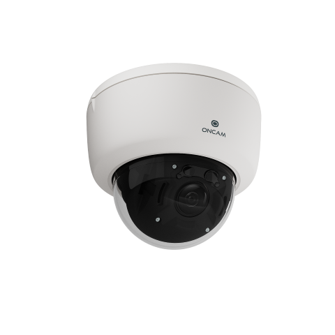 A white Oncam dome camera shown on a black background, highlighting its compact, professional, and discreet design for video security applications.