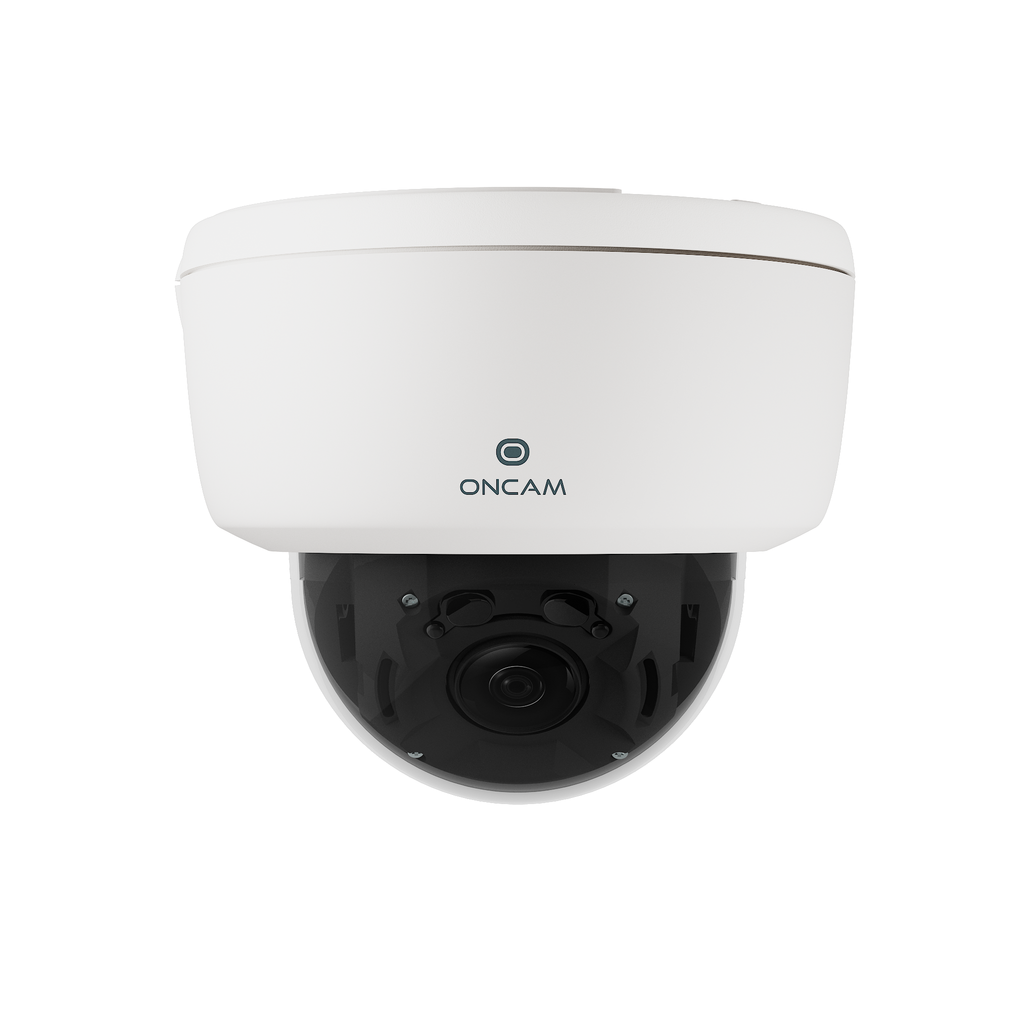 A white Oncam dome camera shown on a black background, highlighting its compact, professional, and discreet design for video security applications.