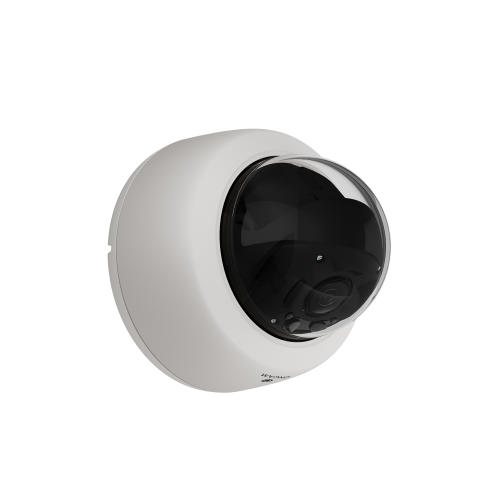A white Oncam dome camera shown on a black background, highlighting its compact, professional, and discreet design for video security applications.