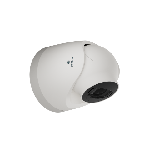 Oncam Turret Camera A white Oncam turret camera on a black background, showcasing its compact and sleek modern design for discreet surveillance.