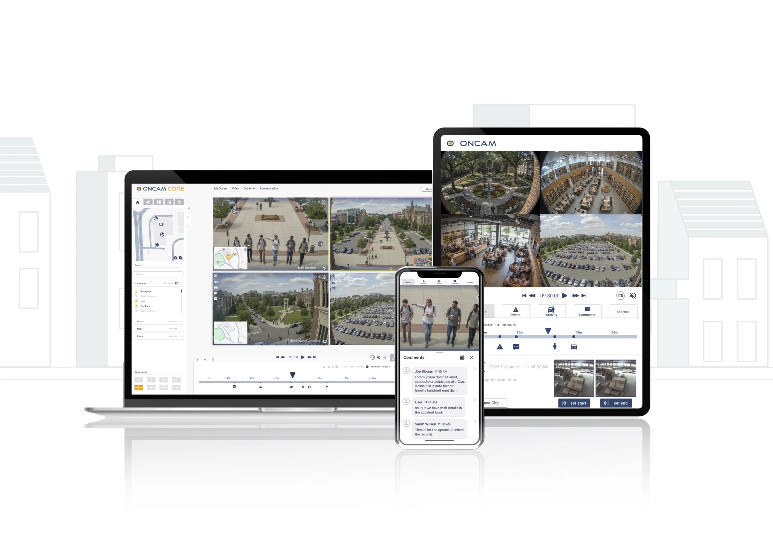 A laptop, a tablet, and a smartphone all displaying the Oncam CORE video management software, emphasizing responsive design and mobile access to live security feeds and communications.