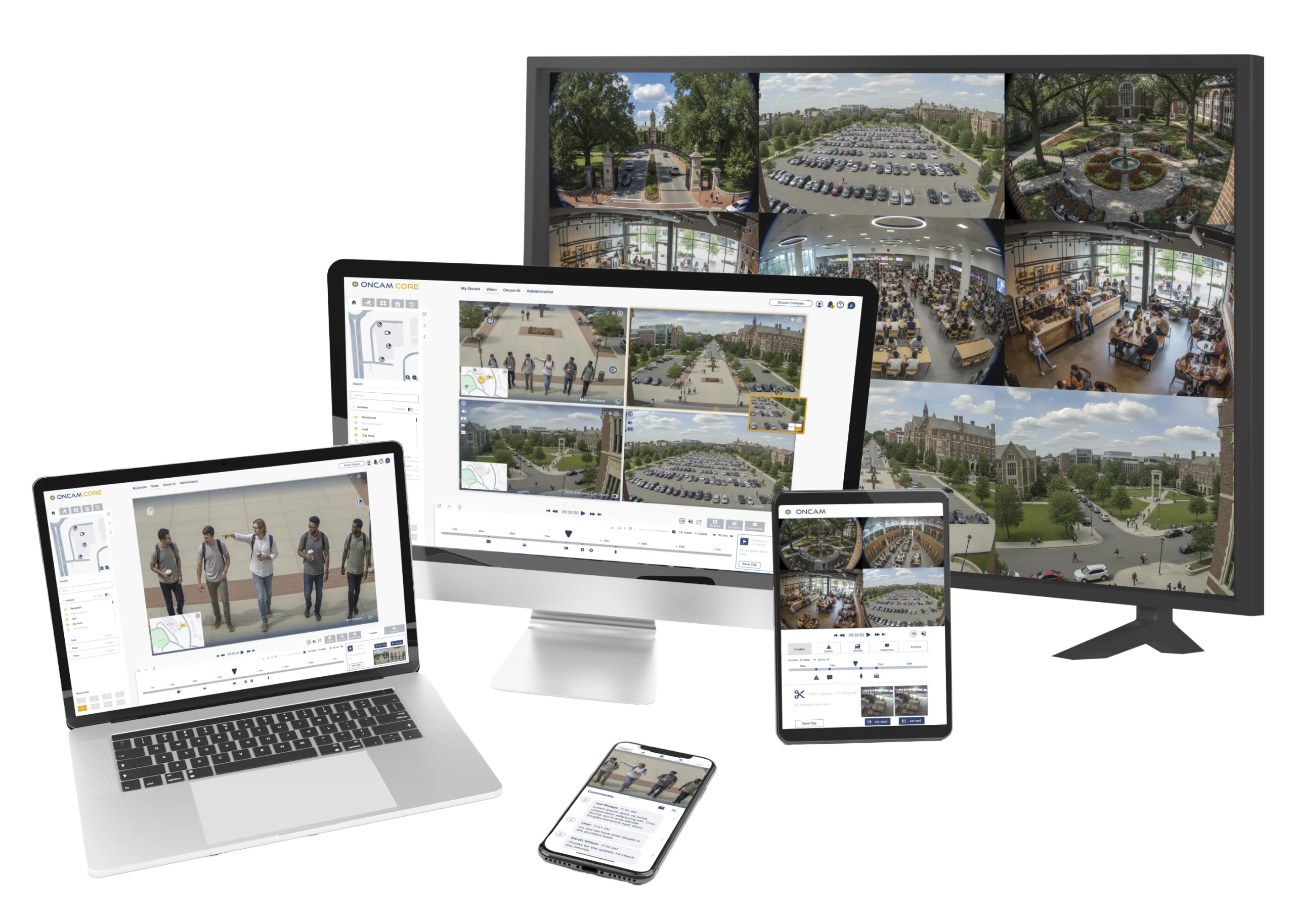 A clean, modern computer screen displaying the Oncam CORE software interface with multiple video windows, a site map, a timeline, and controls for playback and real-time security management.
