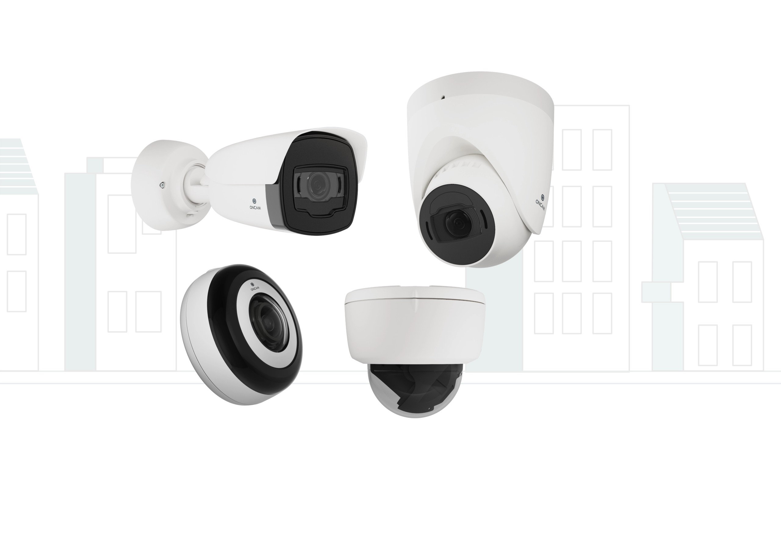 ONCAM Smart IP Camera product lineup, featuring a bullet camera, a turret camera, a compact fisheye camera, and a dome camera.