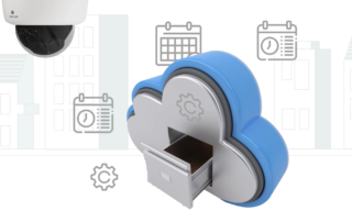 White Oncam camera in the top left, linked to a blue 3D cloud icon with an open drawer, set against a simplified city skyline.