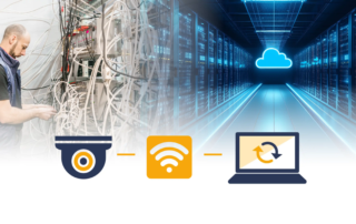 Split-screen: cluttered traditional NVR server room versus a modern Oncam cloud setup with a smartphone interface and sleek IP camera.