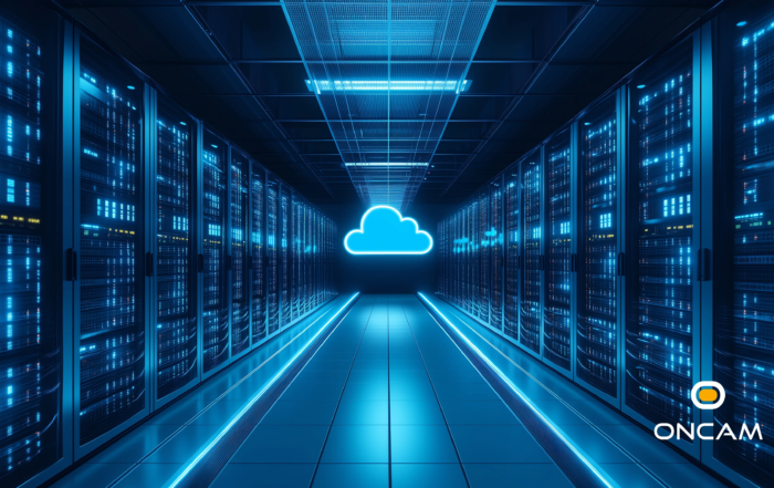 White Oncam camera in the top left, connected to a blue 3D cloud icon with an open storage drawer, set against a grey city outline.