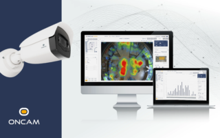 A white Oncam bullet camera next to a desktop monitor and laptop displaying the Oncam Core software interface with heatmaps and data analytics.