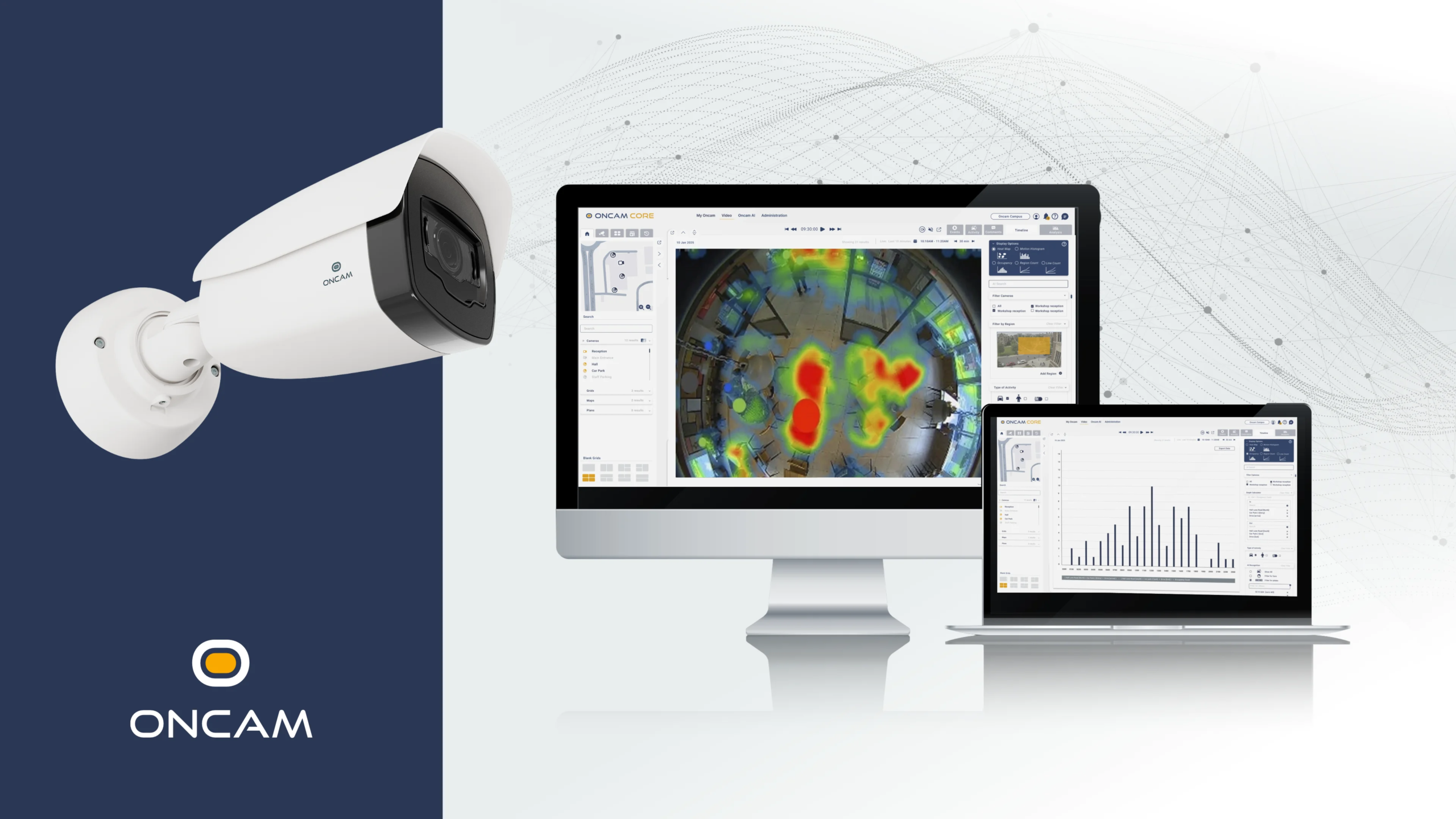 A white Oncam bullet camera next to a desktop monitor and laptop displaying the Oncam Core software interface with heatmaps and data analytics.