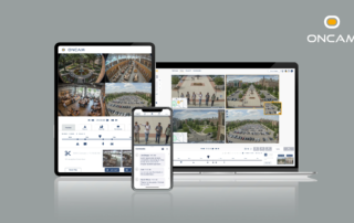 A tablet, smartphone, and laptop show the Oncam Core interface, featuring live security feeds of a university campus and retail spaces.