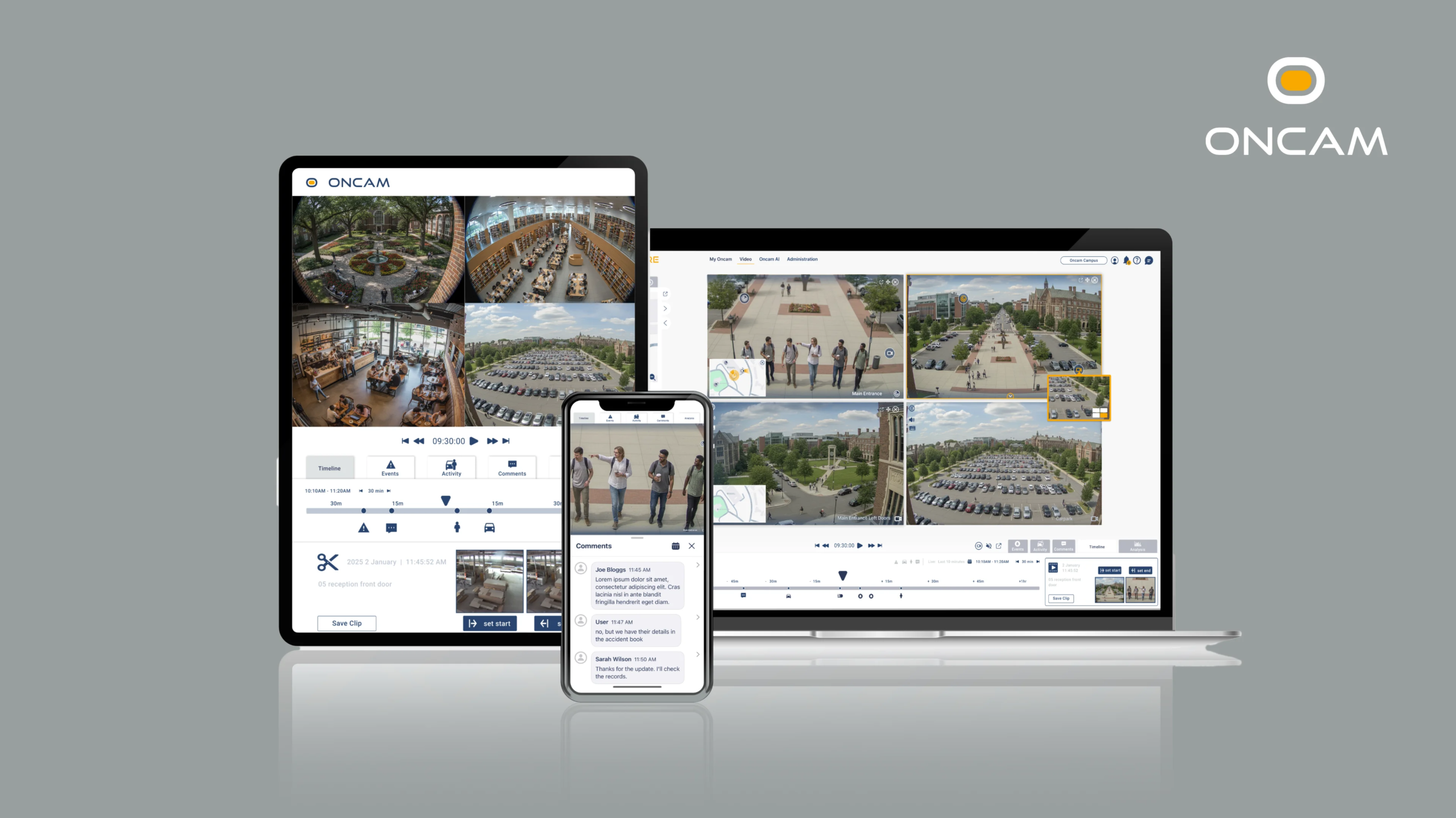 A tablet, smartphone, and laptop show the Oncam Core interface, featuring live security feeds of a university campus and retail spaces.