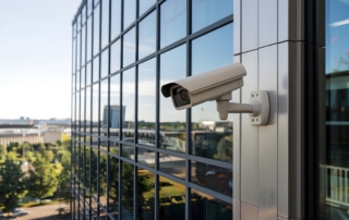 A security camera is affixed to a building, providing surveillance coverage for the surrounding environment.
