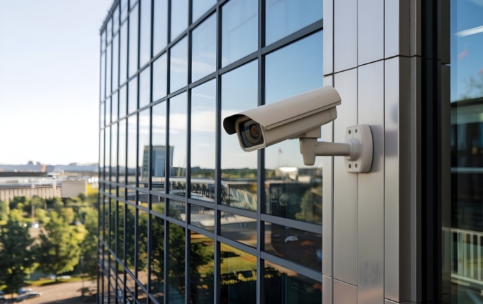 A security camera is affixed to a building, providing surveillance coverage for the surrounding environment.