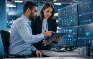 Team analyzing data dashboards and video intelligence insights to support operational and security decision-making.