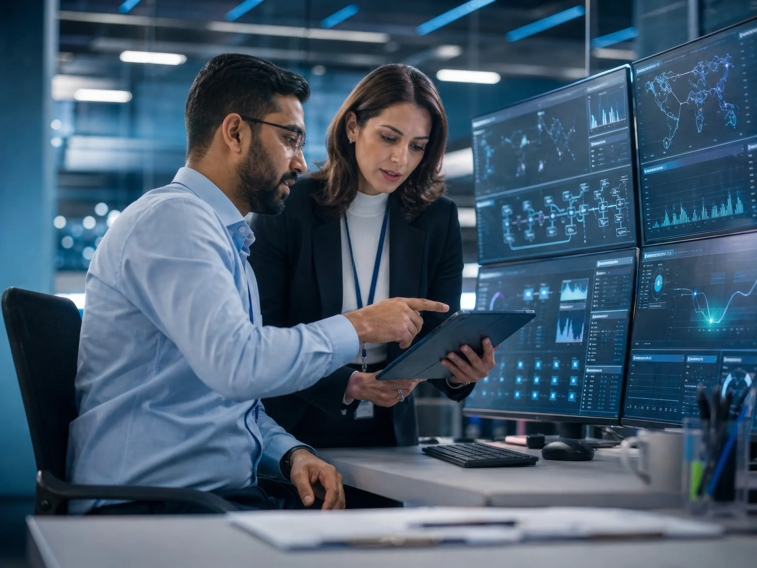 video-analytics-improve-business-operations Team analyzing data dashboards and video intelligence insights to support operational and security decision-making.